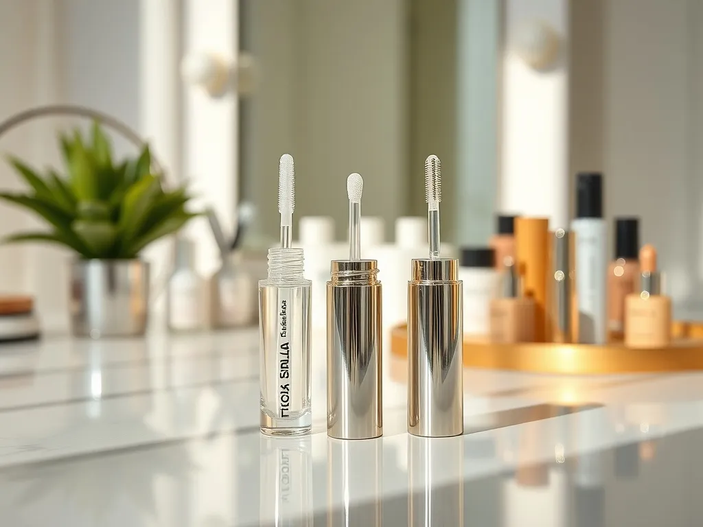 Eleganckie serum do rzęs na toaletce, podkreślające nowoczesny, minimalistyczny charakter pielęgnacji rzęs.