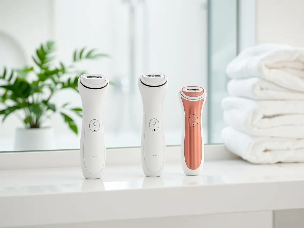 Trzy nowoczesne depilatory laserowe na jasnej półce w łazience, w czystej, minimalistycznej aranżacji z rośliną w tle