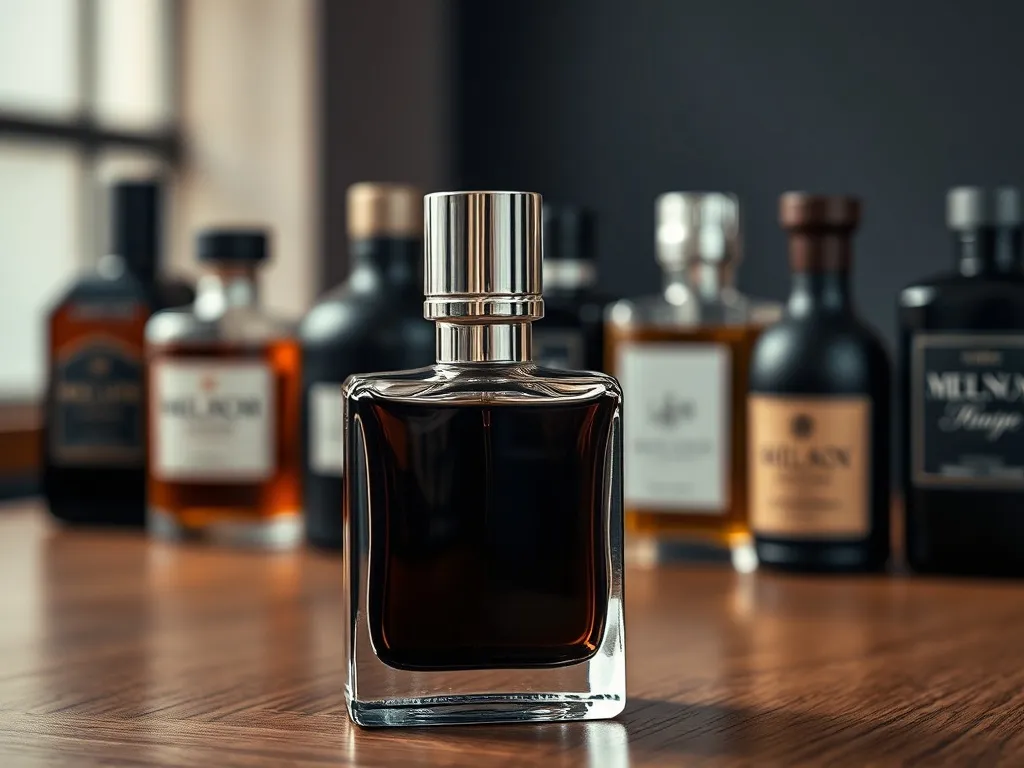 Elegancki flakon męskich perfum na drewnianym stole, w tle rozmyty rząd różnych zapachów dla mężczyzn.
