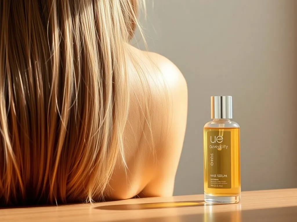 Lśniące, zdrowe włosy i elegancka butelka serum na drewnianym stole, podkreślające efekt nabłyszczacza do włosów.