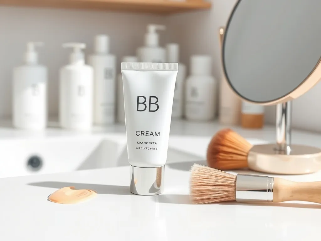 Otwarta tubka kremu BB z odrobiną beżowego produktu, obok pędzel i lusterko w minimalistycznej, jasnej łazience.