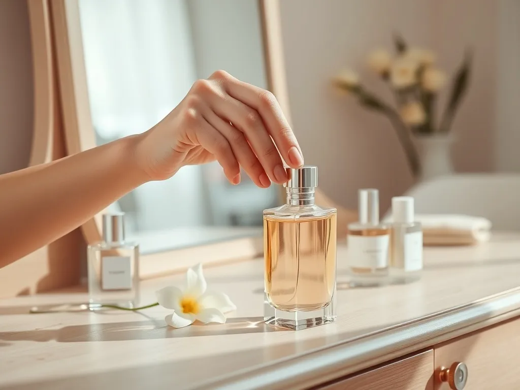 Elegancka dłoń kobiety trzyma flakon perfum na toaletce, obok inne zapachy i kwiat, jasne, minimalistyczne wnętrze.