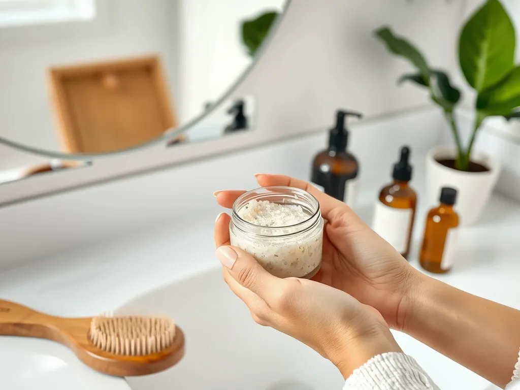 Dłonie kobiety trzymają słoiczek peelingu do skóry głowy obok szczotki i serum, na tle minimalistycznej łazienki.