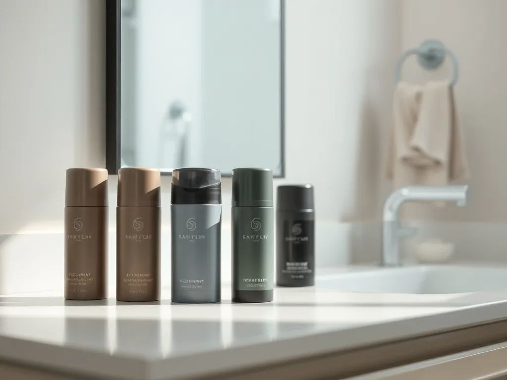 Różne męskie antyperspiranty w neutralnych opakowaniach na nowoczesnej, czystej łazienkowej półce