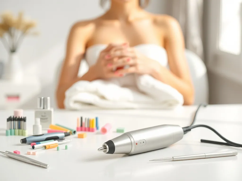 Nowoczesna frezarka do paznokci z kolorowymi frezami na białym stoliku, przygotowanie do domowego manicure.