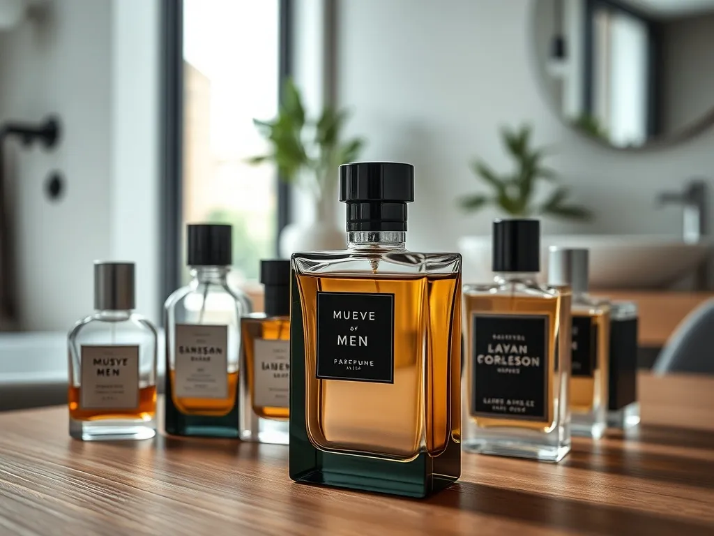 Eleganckie męskie flakony perfum na drewnianym stoliku w nowoczesnej łazience, podkreślające wybór zapachów z rankingu.