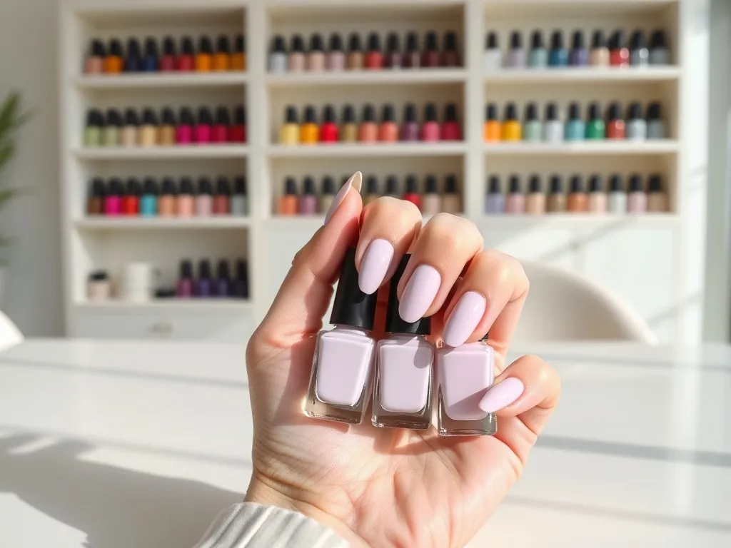 Dłoń z pastelowym manicure hybrydowym trzyma eleganckie buteleczki lakierów na tle półki z kolorowymi lakierami