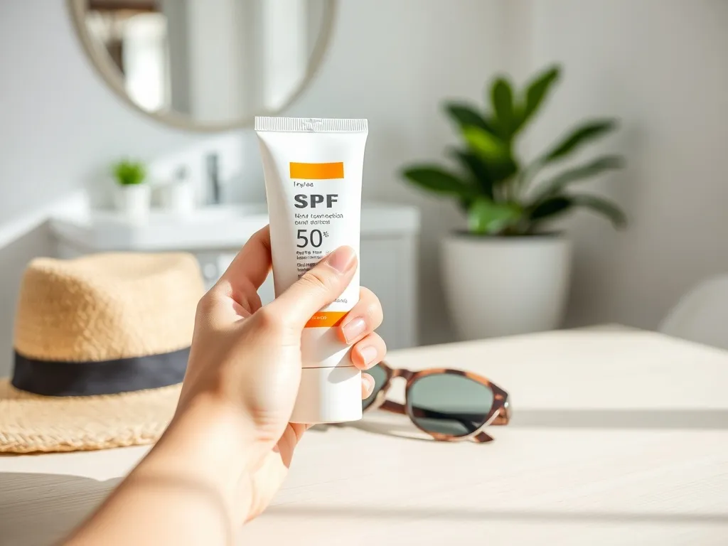 Dłoń trzyma krem z filtrem SPF 50 obok kapelusza i okularów, akcentując ochronę przeciwsłoneczną twarzy latem.