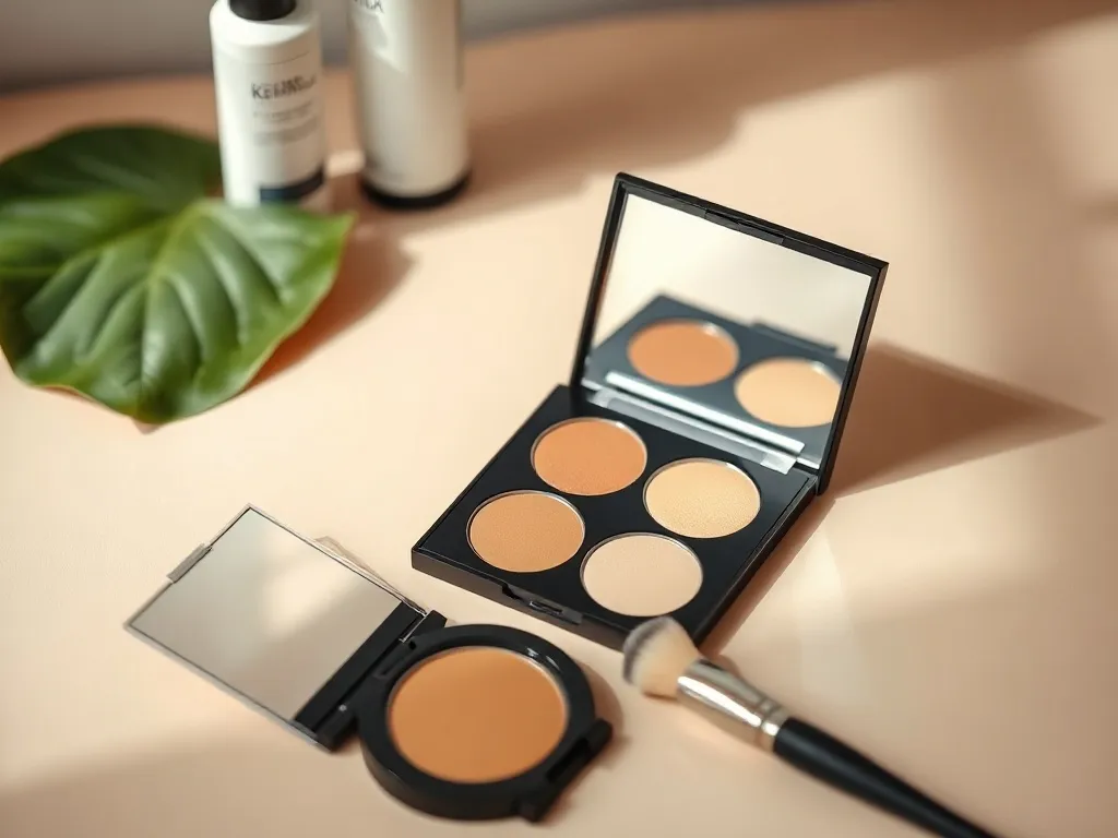 Paleta do konturowania z różnymi odcieniami pudrów, pędzlem i lusterkiem w minimalistycznej, jasnej aranżacji beauty.