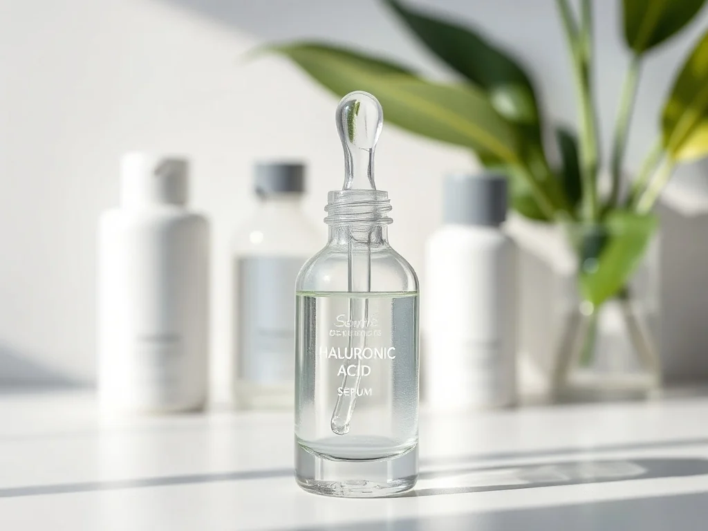 Minimalistyczna butelka z serum z kwasem hialuronowym na białym tle, w tle rozmyte kosmetyki i zielone liście.