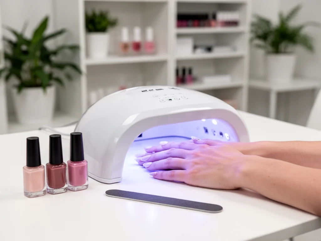 Ręka z świeżym manicure pod lampą UV/LED na białym stole, obok lakierów i pilniczka, w nowoczesnym salonie manicure.
