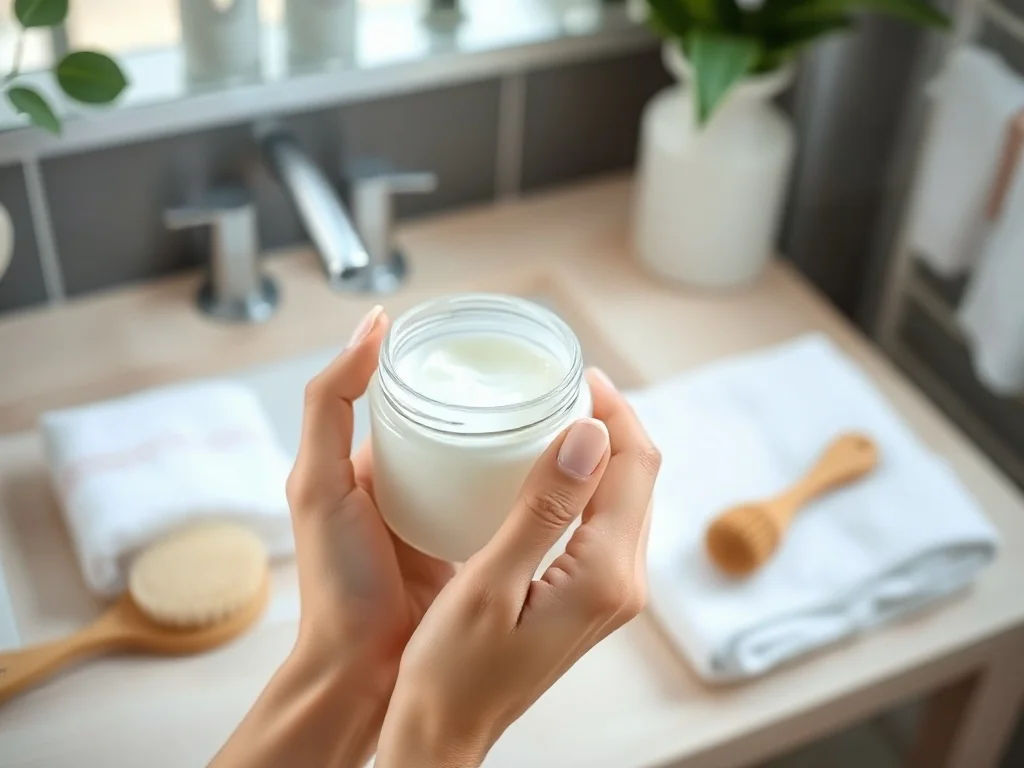 Dłonie kobiety trzymające słoiczek łagodnego peelingu enzymatycznego obok pędzelka i ręcznika w jasnej, spa‑like łazience.