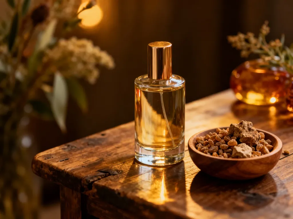 Szklany flakon perfum obok miseczki z surowymi ziarnami piżma na drewnianym stole, podkreślający luksusowy charakter składnika.