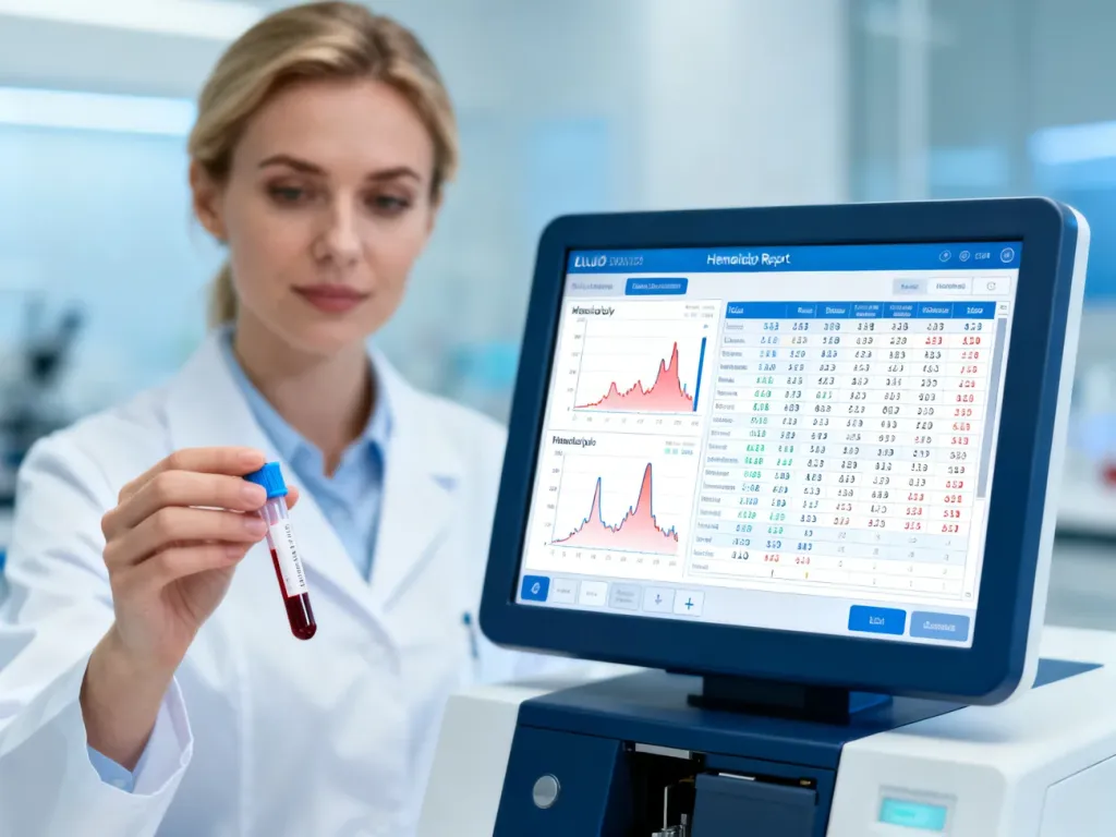 Pracownik laboratorium analizujący wynik morfologii krwi z parametrem P-LCR na ekranie nowoczesnego urządzenia.