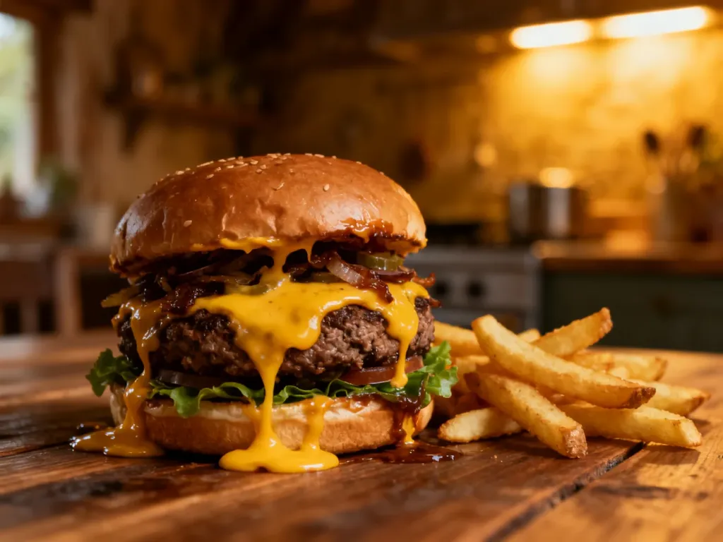 Apetyczny cheeseburger z frytkami na drewnianym stole, stanowiący przykład posiłku typu cheat meal.