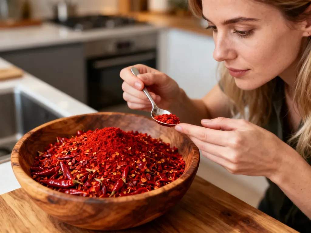 Kobieta nabiera łyżeczką płatki chili gochugaru z drewnianej miseczki w kuchni.